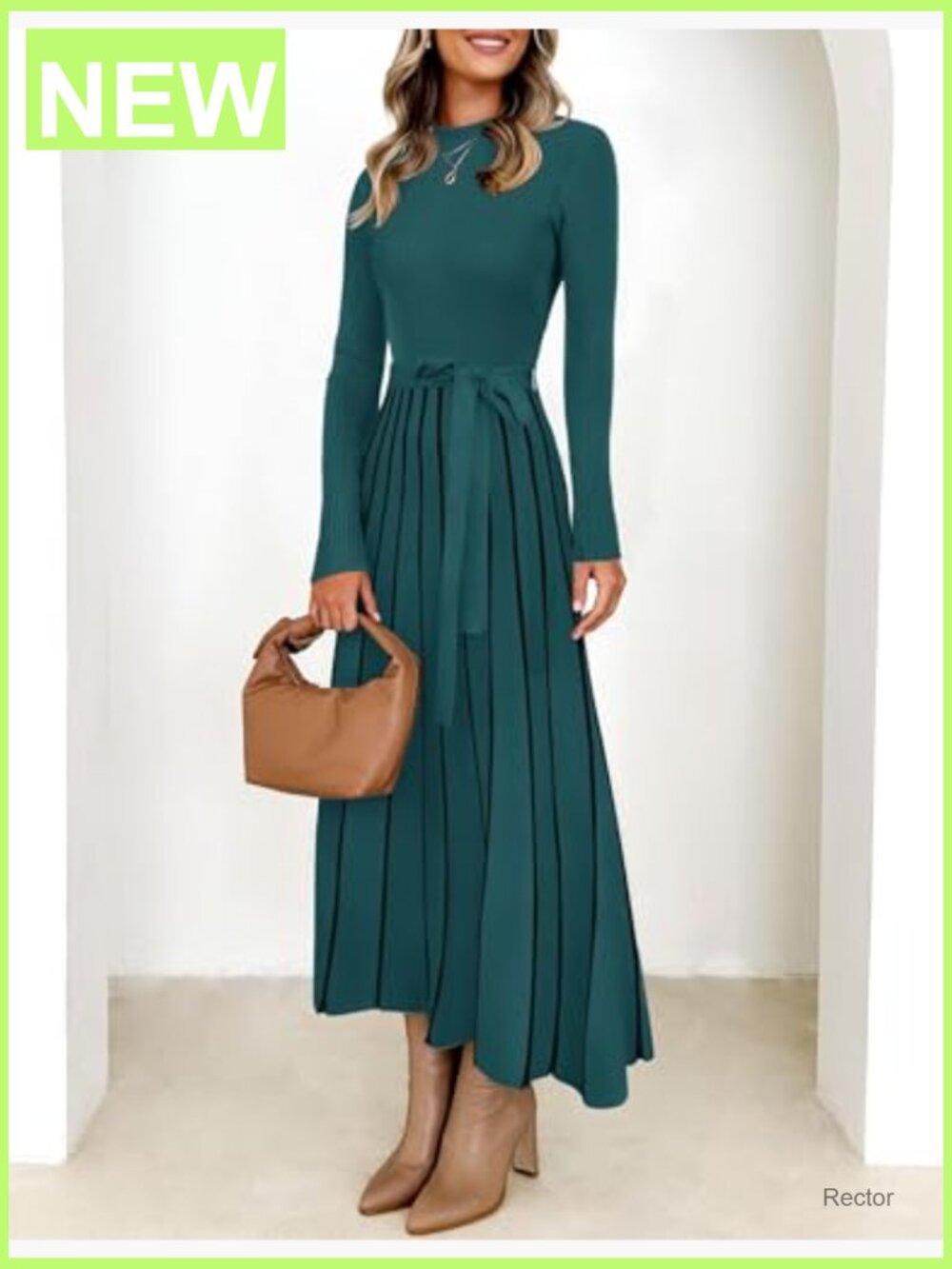 Long Sleeve Turtleneck Sweater Dress Tie Waist Ribbed Knit A-Line Midi - Picture 4 of 7